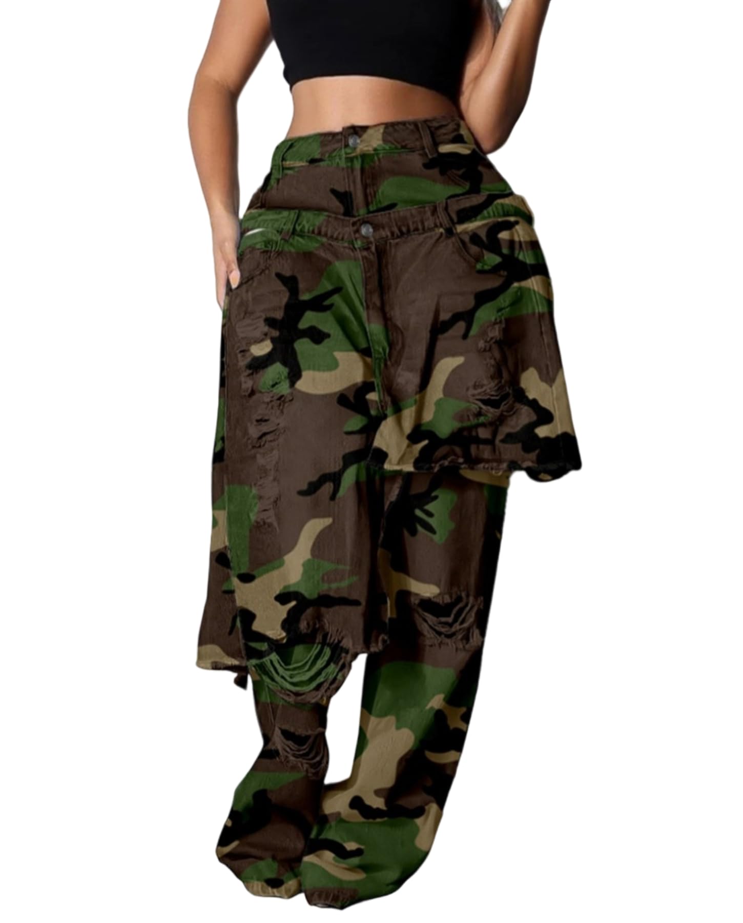 Voghtic Jeans for Women Trendy High Waisted Ripped Tear Y2K Patchwork Wide Leg Denim Pants with Pockets Streetwear