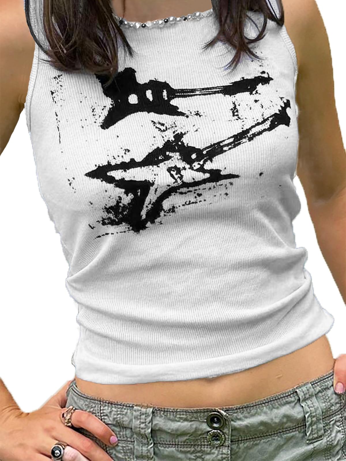Tank Tops, Guitar Ribbed Summer Tops Sleeveless Y2K Crop Tops