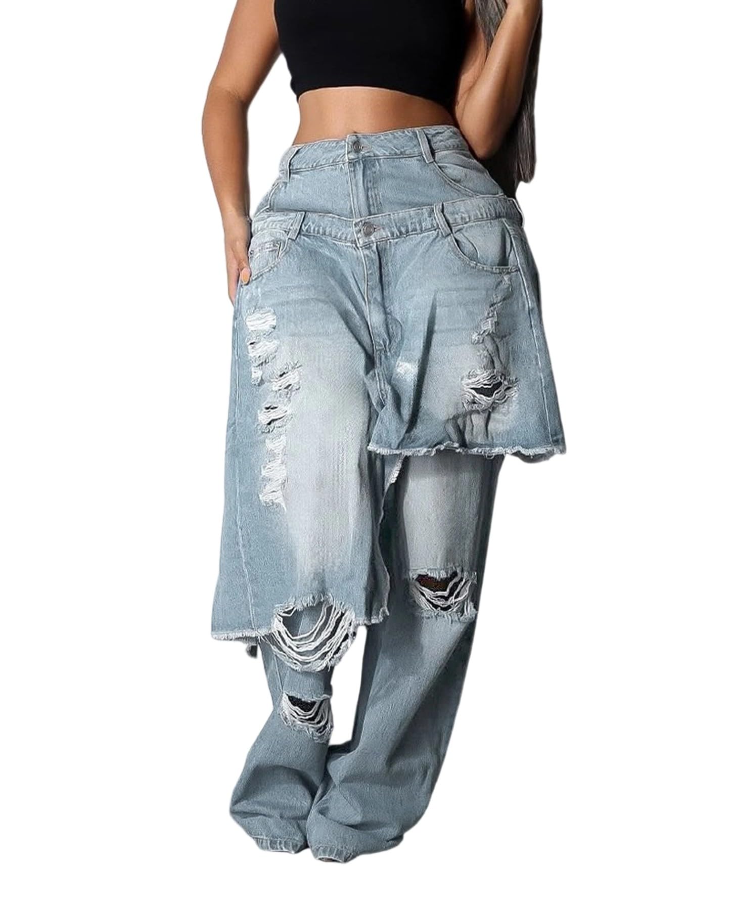 Voghtic Jeans for Women Trendy High Waisted Ripped Tear Y2K Patchwork Wide Leg Denim Pants with Pockets Streetwear
