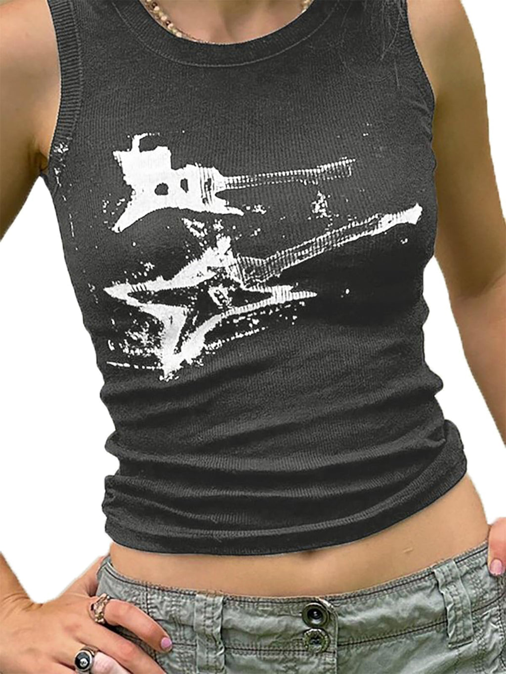 Tank Tops, Guitar Ribbed Summer Tops Sleeveless Y2K Crop Tops