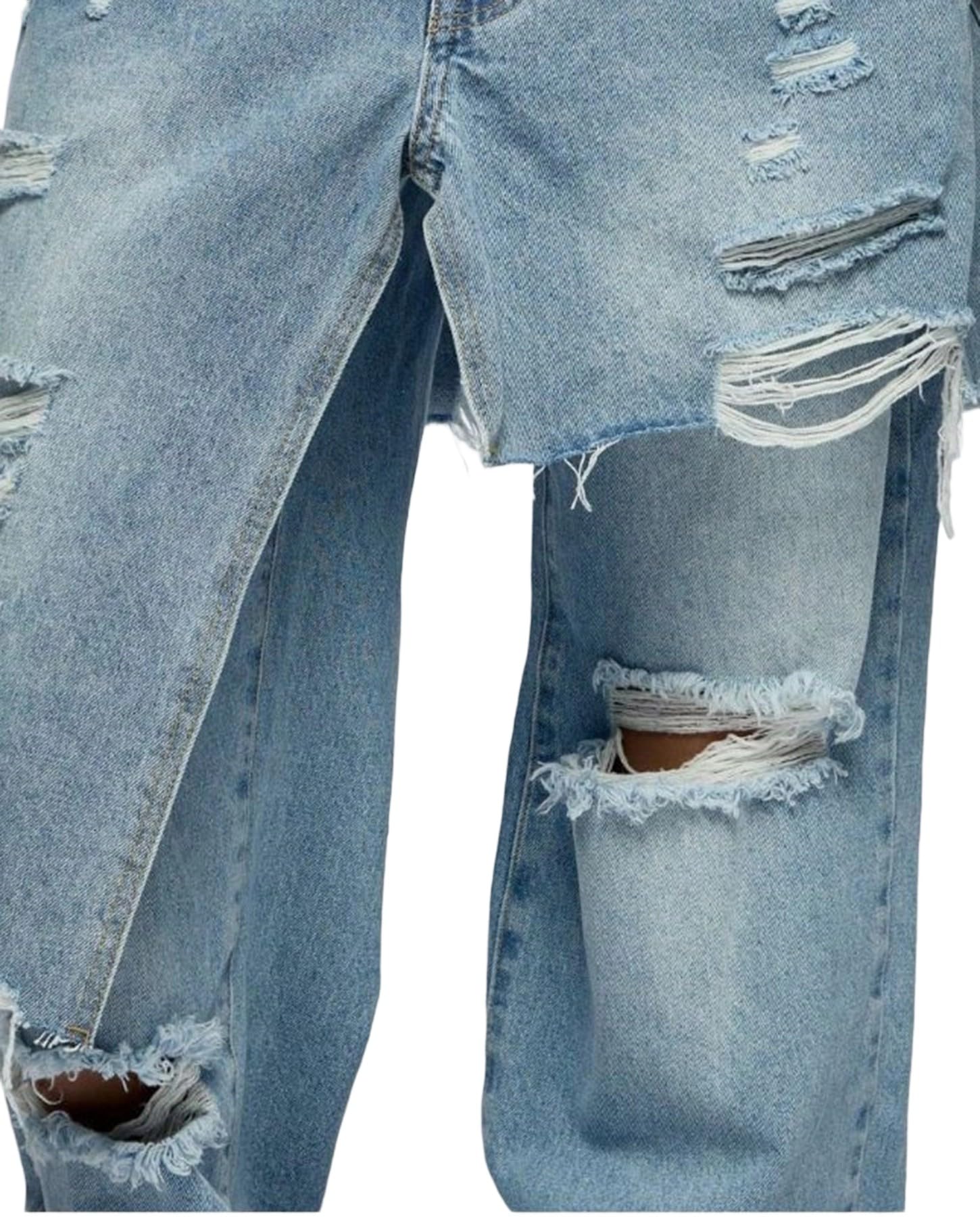 Voghtic Jeans for Women Trendy High Waisted Ripped Tear Y2K Patchwork Wide Leg Denim Pants with Pockets Streetwear