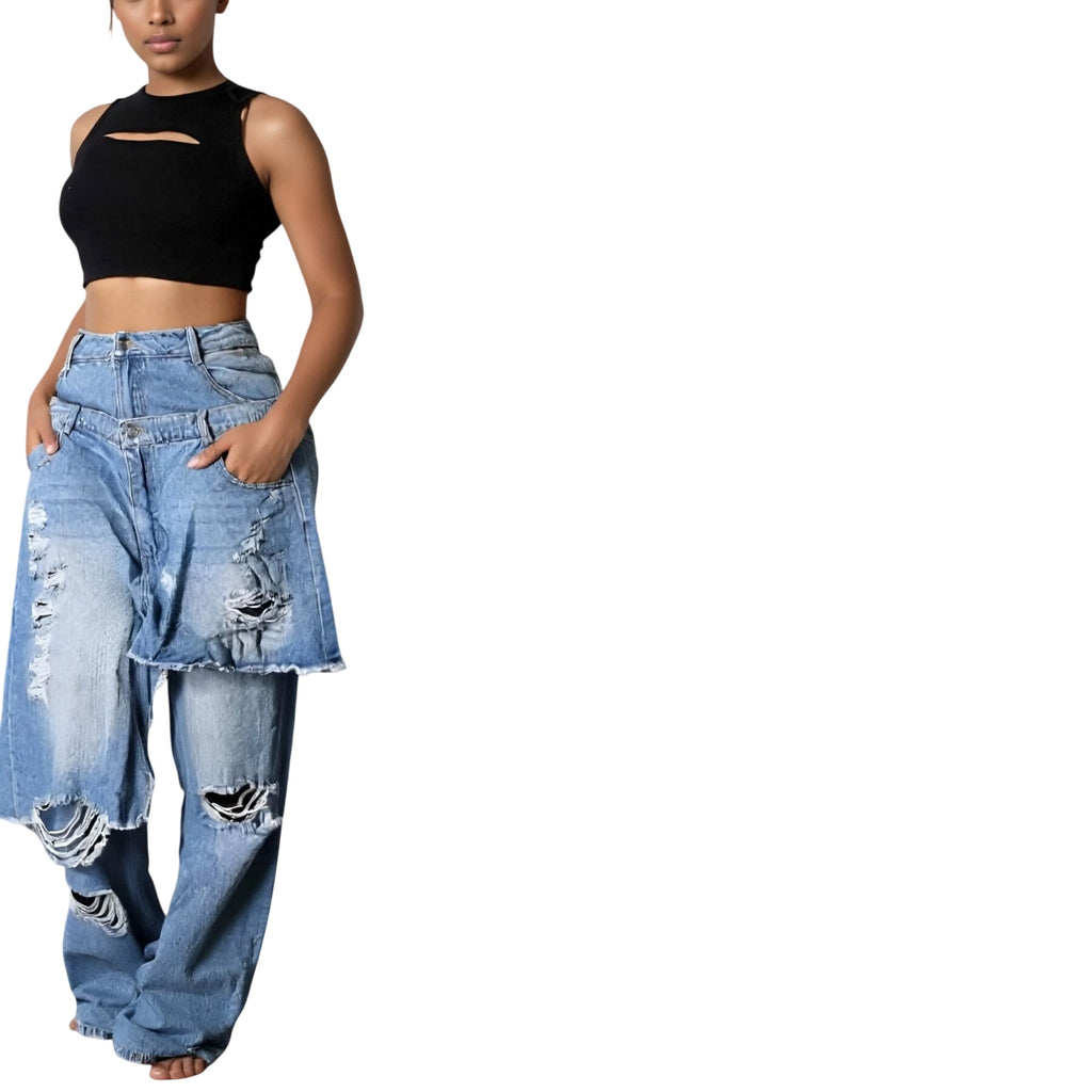 Voghtic Jeans for Women Trendy High Waisted Ripped Tear Y2K Patchwork Wide Leg Denim Pants with Pockets Streetwear