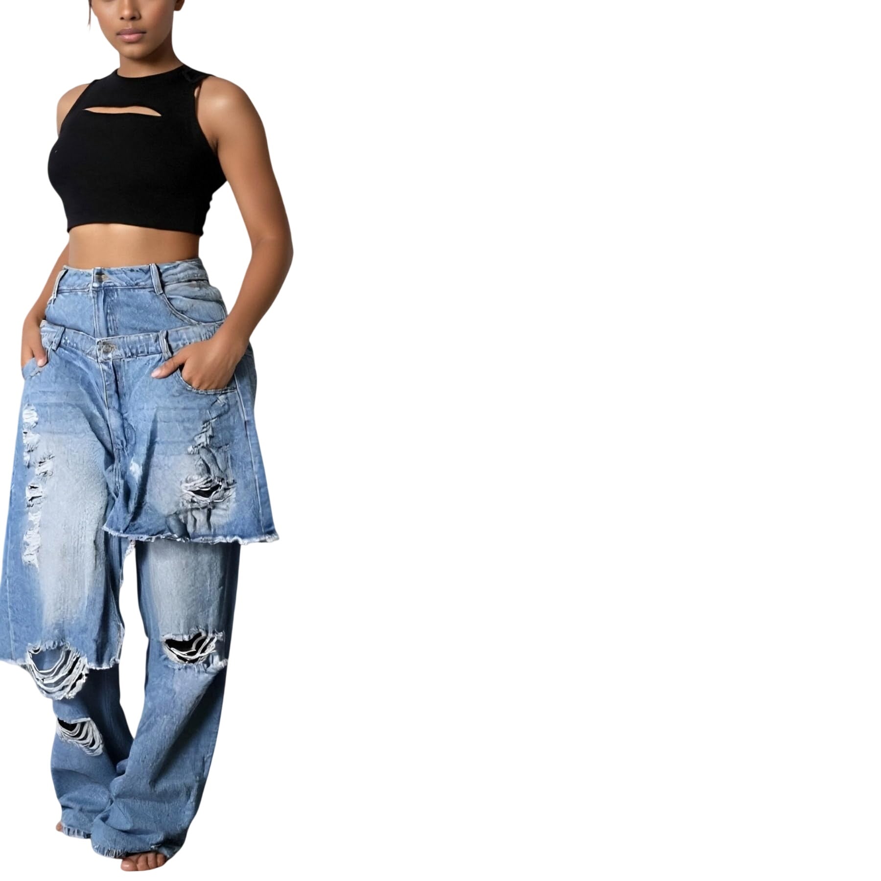 Voghtic Jeans for Women Trendy High Waisted Ripped Tear Y2K Patchwork Wide Leg Denim Pants with Pockets Streetwear